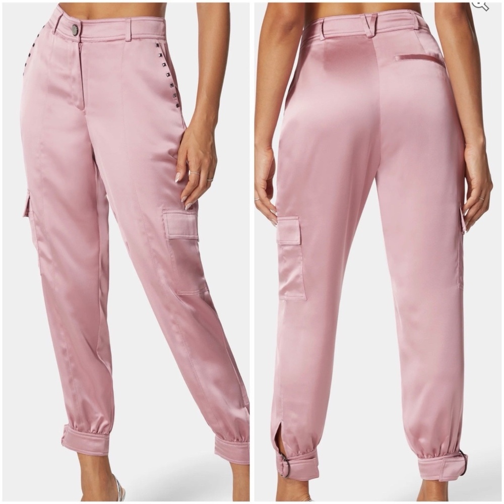 Bebe Size 12 Natural Waist Stud Detail Satin Jogger Pant Pink Cargo Pockets NWT